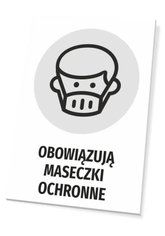 Tabliczka Obowiązują maseczki ochronne - Wzór graficzny. Grafika przedstawia postać z maseczką na twarzy w okręgu