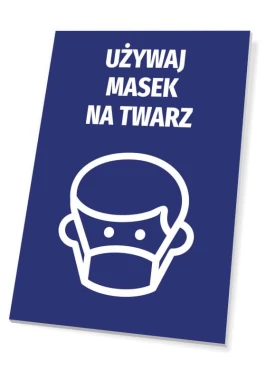 Tabliczka Używaj masek na twarz - Wzór graficzny. Niebieskie tło z białym piktogramem twarzy w masce