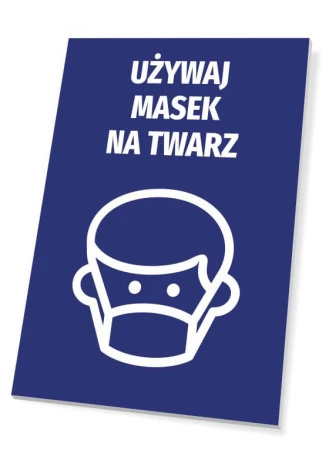 Tabliczka Używaj masek na twarz - Wzór graficzny. Niebieskie tło z białym piktogramem twarzy w masce