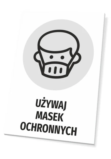 Tabliczka Używaj masek ochronnych - Wzór graficzny. Na szarym tle znajduje się czarny piktogram osoby w masce. Pod nim napis