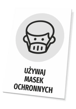 Tabliczka Używaj masek ochronnych - Wzór graficzny. Na szarym tle znajduje się czarny piktogram osoby w masce. Pod nim napis