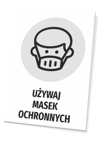 Tabliczka Używaj masek ochronnych - Wzór graficzny. Na szarym tle znajduje się czarny piktogram osoby w masce. Pod nim napis