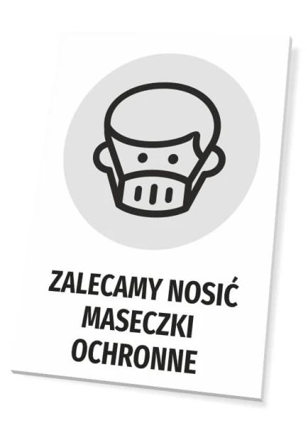 Tabliczka Zalecamy nosić maseczki ochronne - Wzór graficzny. Na białym tle znajduje się piktogram przedstawiający osobę
