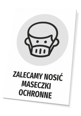Tabliczka Zalecamy nosić maseczki ochronne - Wzór graficzny. Na białym tle znajduje się piktogram przedstawiający osobę