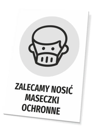 Tabliczka Zalecamy nosić maseczki ochronne - Wzór graficzny. Na białym tle znajduje się piktogram przedstawiający osobę