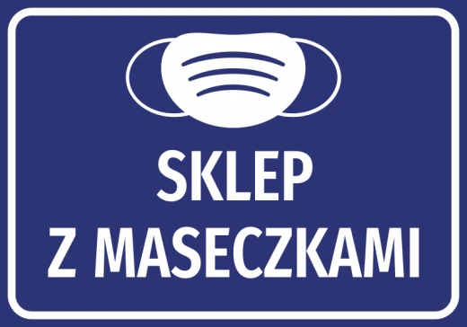 Niebieska naklejka informacyjna z białym piktogramem maseczki i napisem Sklep z maseczkami na szyby i drzwi