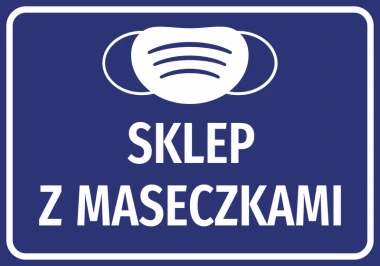 Naklejka Sklep z maseczkami N504 - Wzór graficzny. Niebieskie tło z białą grafiką maski i dużym napisem