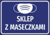 Naklejka Sklep z maseczkami N504 - Wzór graficzny. Niebieskie tło z białą grafiką maski i dużym napisem