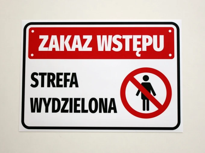Naklejka Zakaz wstępu Strefa wydzielona - Wzór graficzny. Czerwony prostokąt z białym napisem i symbolem przekreślonej