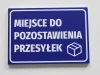 Tabliczka Miejsce do pozostawienia przesyłek - Wzór graficzny. Niebieskie tło z białym tekstem i ikoną pudełka