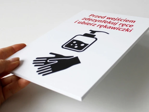 Tabliczka Przed wejściem zdezynfekuj ręce i ubierz rękawiczki - Wzór graficzny. Czarne piktogramy na białym tle