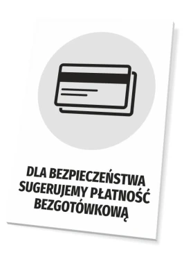 Tabliczka Dla bezpieczeństwa sugerujemy płatność bezgotówkową - Wzór graficzny. Grafika przedstawia kartę płatniczą