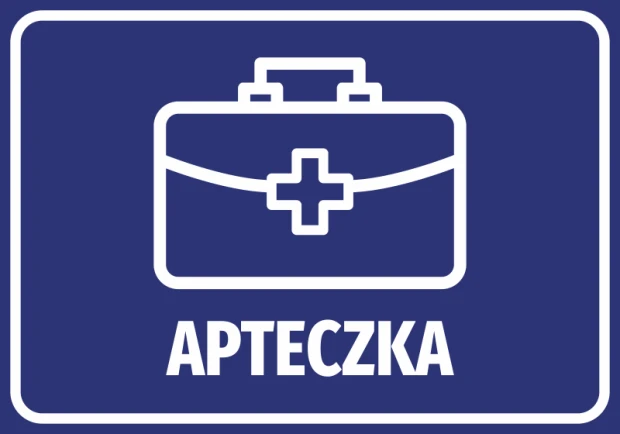 Niebieska naklejka BHP z białym piktogramem walizki medycznej i napisem APTECZKA na białym tle grafiki