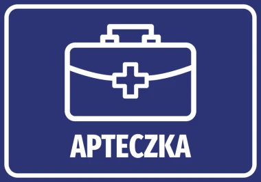 Naklejka Apteczka - Wzór graficzny. Grafika przedstawia niebieskie tło z białą torbą medyczną i napisem