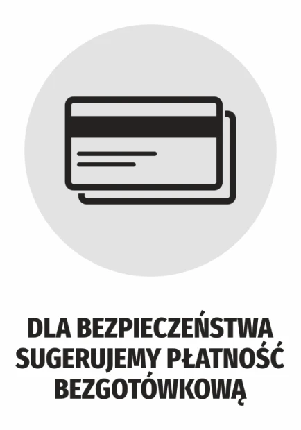Naklejka informacyjna z czarnym napisem o płatności bezgotówkowej i piktogramem kart płatniczych na białym tle
