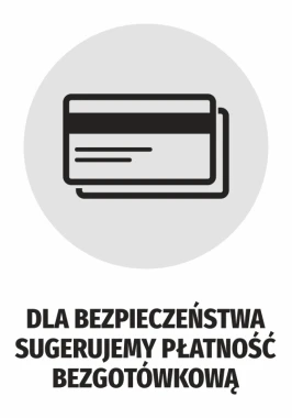 Naklejka Dla bezpieczeństwa sugerujemy płatność bezgotówkową - Wzór graficzny. Ikona kart płatniczych na szarym tle