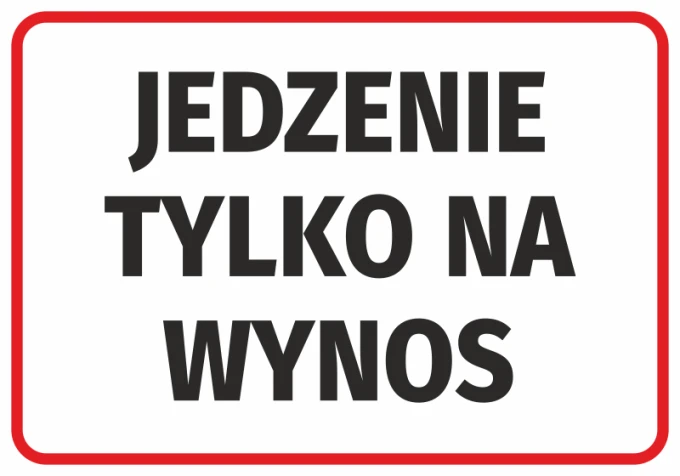 Naklejka Jedzenie tylko na wynos - Wzór graficzny. Duży, czarny tekst na białym tle w czerwonej ramce