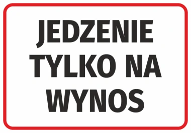 Naklejka Jedzenie tylko na wynos - Wzór graficzny. Duży, czarny tekst na białym tle w czerwonej ramce
