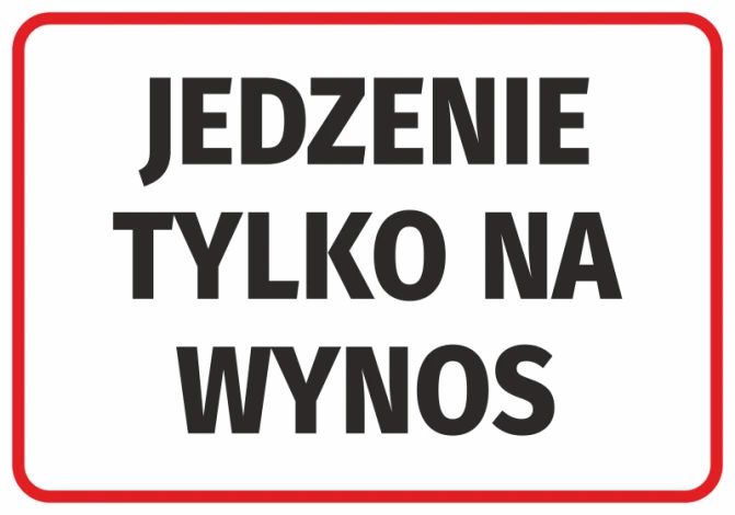 Naklejka Jedzenie tylko na wynos - Wzór graficzny. Duży, czarny tekst na białym tle w czerwonej ramce