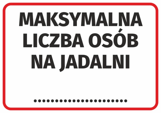 Naklejka Maksymalna liczba osób na jadalni - Wzór graficzny. Tekst w dużych literach na białym tle z czerwoną ramką