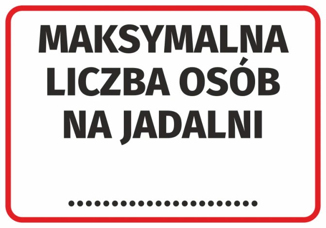 Naklejka Maksymalna liczba osób na jadalni - Wzór graficzny. Tekst w dużych literach na białym tle z czerwoną ramką
