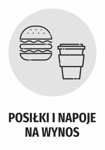 Okrągła naklejka informacyjna z czarnym piktogramem burgera i kubka oraz napisem Posiłki i napoje na wynos