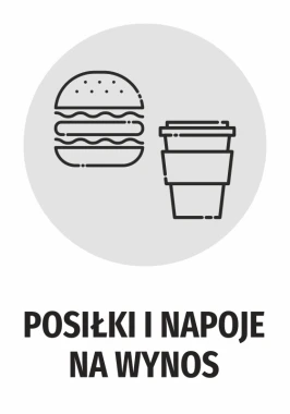 Naklejka Posiłki i napoje na wynos - Wzór graficzny. Grafika przedstawia hamburgera i kubek na napój