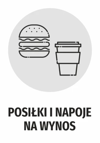 Naklejka Posiłki i napoje na wynos - Wzór graficzny. Grafika przedstawia hamburgera i kubek na napój