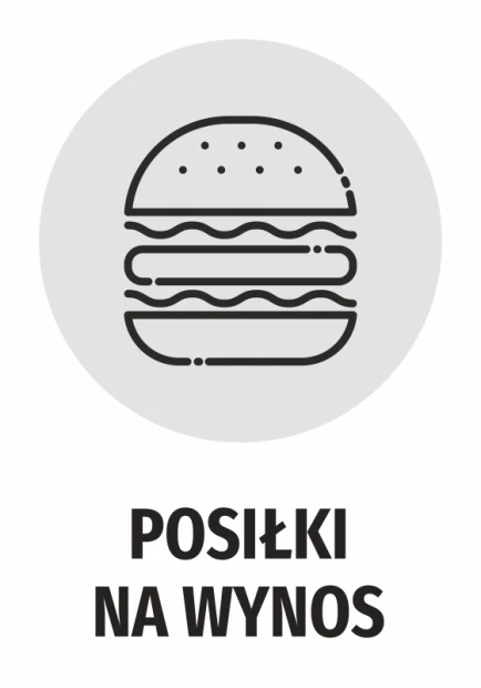 Okrągła naklejka informacyjna z czarnym piktogramem burgera i napisem Posiłki na wynos na białym tle