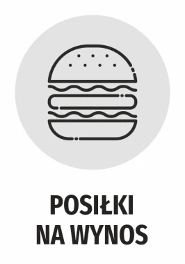 Naklejka Posiłki na wynos - Wzór graficzny. Grafika przedstawia hamburgera w okręgu z napisem poniżej
