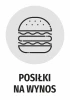 Naklejka Posiłki na wynos - Wzór graficzny. Grafika przedstawia hamburgera w okręgu z napisem poniżej