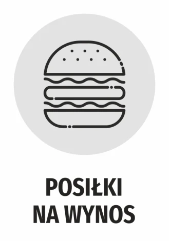 Naklejka Posiłki na wynos - Wzór graficzny. Grafika przedstawia hamburgera w okręgu z napisem poniżej