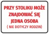 Naklejka Przy stoliku może znajdować się jedna osoba - Wzór graficzny. Czerwony tekst na białym tle w prostokątnej ramce