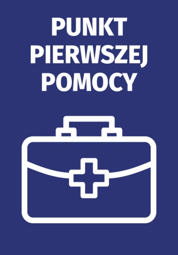 Niebieska naklejka BHP z białym piktogramem apteczki i napisem Punkt pierwszej pomocy na gładkim tle