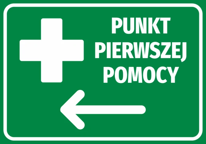 Naklejka Punkt pierwszej pomocy N520 - Wzór graficzny. Zielone tło z białym krzyżem i napisem wskazującym kierunek