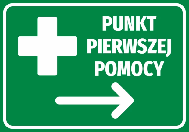 Zielona naklejka BHP z białym krzyżem, strzałką w prawo i napisem Punkt pierwszej pomocy na białym tle