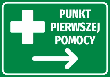 Naklejka Punkt pierwszej pomocy N521 - Wzór graficzny. Zielone tło z białym krzyżem i napisem wskazującym kierunek