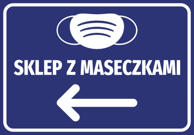Naklejka Sklep z maseczkami N505 - Wzór graficzny. Niebieskie tło, biała grafika maseczki i strzałka w lewo
