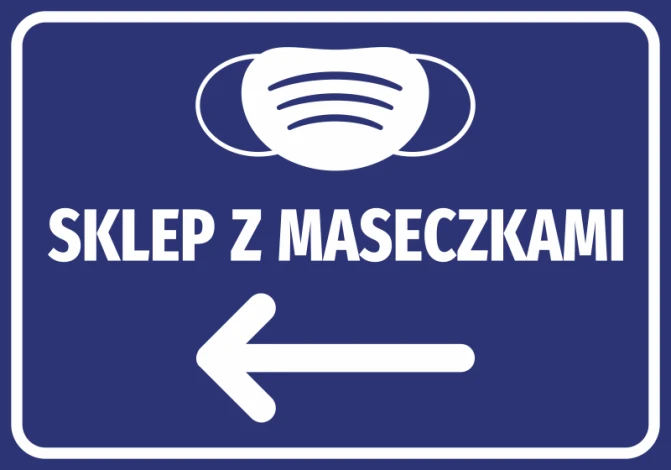 Naklejka Sklep z maseczkami N505 - Wzór graficzny. Niebieskie tło, biała grafika maseczki i strzałka w lewo