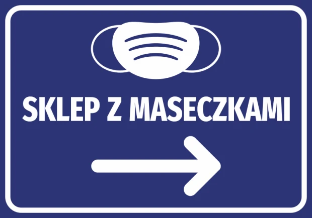 Naklejka Sklep z maseczkami N506 - Wzór graficzny. Na niebieskim tle znajduje się biała grafika maseczki oraz strzałka