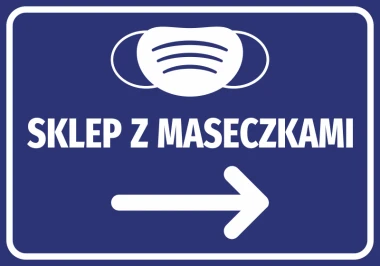 Naklejka Sklep z maseczkami N506 - Wzór graficzny. Na niebieskim tle znajduje się biała grafika maseczki oraz strzałka