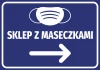 Naklejka Sklep z maseczkami N506 - Wzór graficzny. Na niebieskim tle znajduje się biała grafika maseczki oraz strzałka