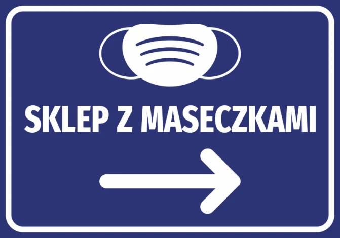 Naklejka Sklep z maseczkami N506 - Wzór graficzny. Na niebieskim tle znajduje się biała grafika maseczki oraz strzałka