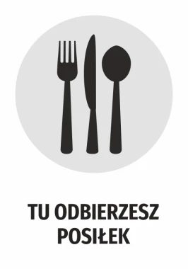 Naklejka Tu odbierzesz posiłek - Wzór graficzny. Przedstawia sztućce na szarym tle