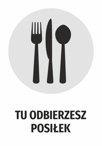 Naklejka Tu odbierzesz posiłek - Wzór graficzny. Przedstawia sztućce na szarym tle