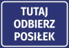 Naklejka Tutaj odbierz posiłek - Wzór graficzny. Niebieskie tło z białym tekstem w dużych literach