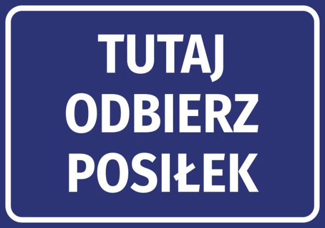 Naklejka Tutaj odbierz posiłek - Wzór graficzny. Niebieskie tło z białym tekstem w dużych literach