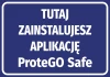 Naklejka Tutaj zainstalujesz aplikację ProteGO Safe - Wzór graficzny. Prostokątna naklejka z białym tekstem na niebieskim