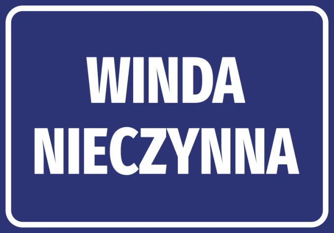 Naklejka Winda nieczynna - Wzór graficzny. Prosta grafika z dużymi białymi literami na niebieskim tle