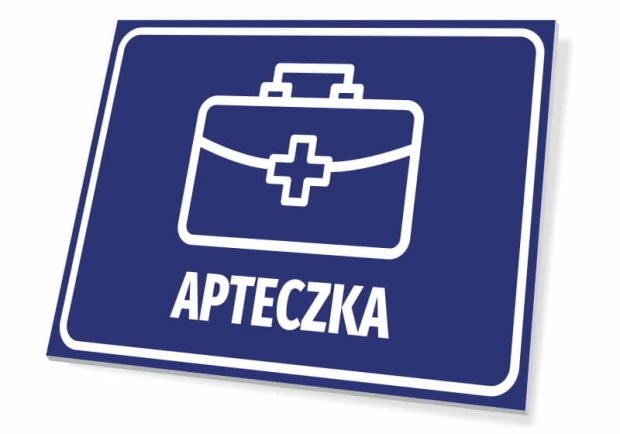 Niebieska tabliczka BHP z białym piktogramem torby medycznej i napisem APTECZKA, pokazana na białym tle